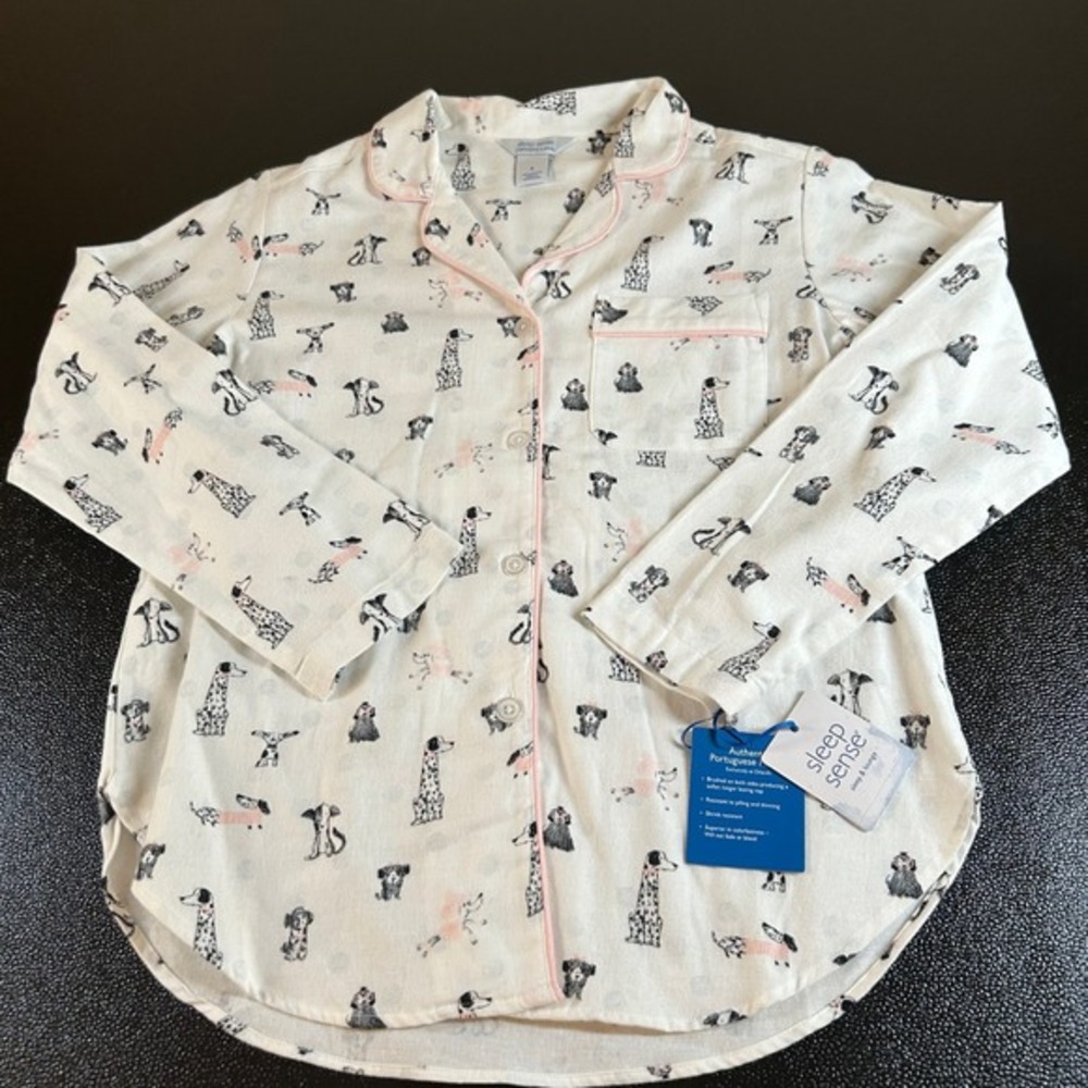 Sleep Sense Dog Print Pajama Top Flannel Sleepwear Button Up White Womens‎ Small